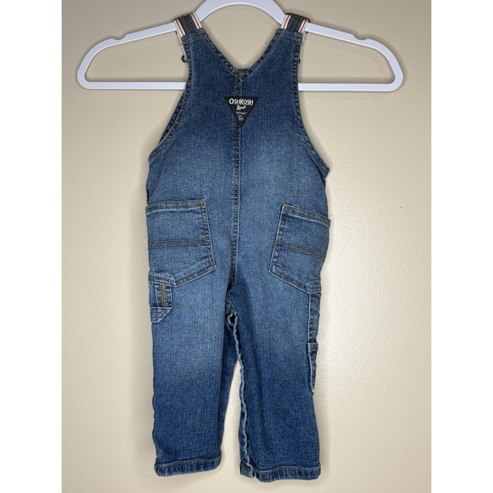 Oshkosh B Gosh Overalls 12M Striped Straps Conductor Cute Denim - Picture 3 of 6